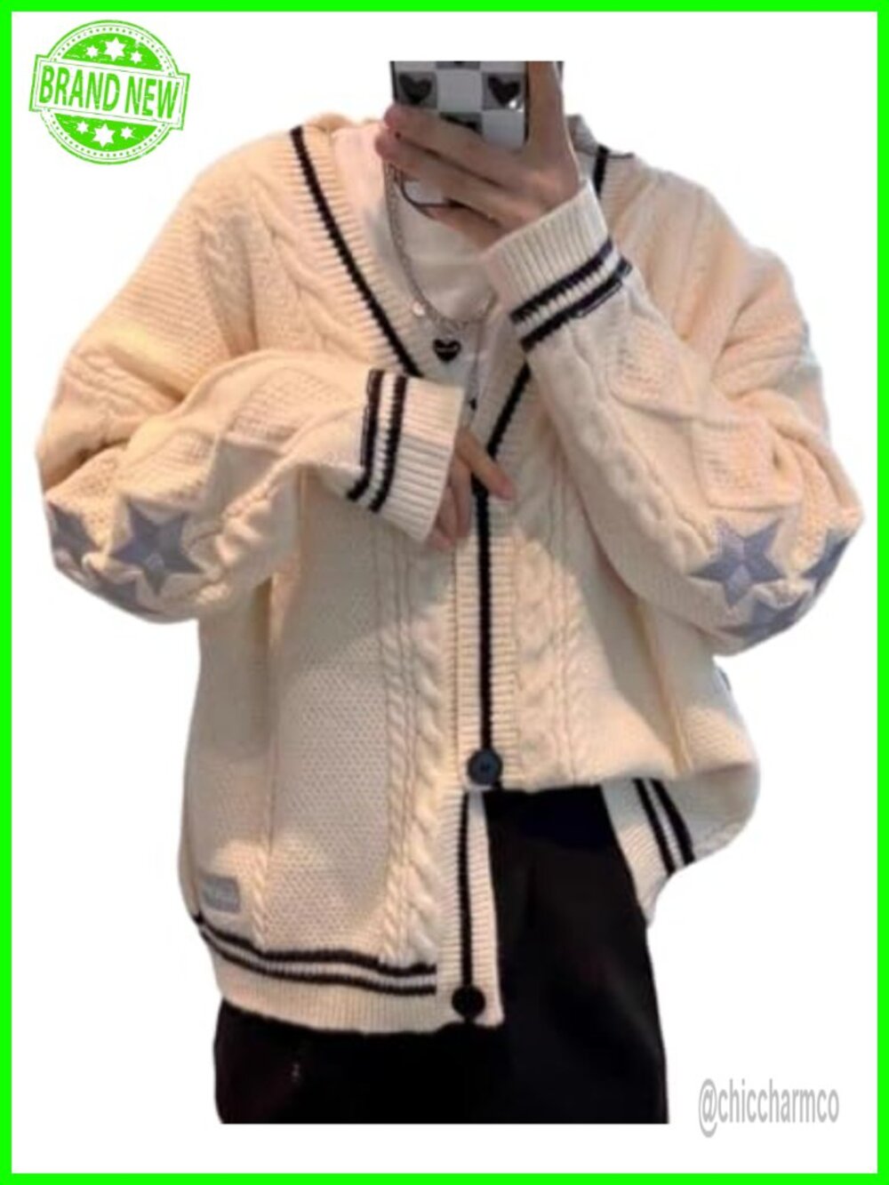 V-Neck Star Embroidery Knit Open Front Cardigan Long Sleeve Oversized Sweater